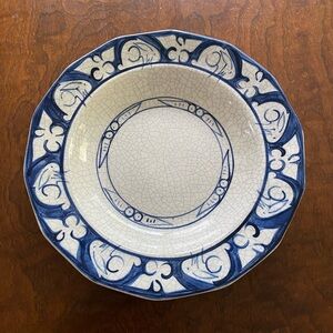 Deham Pottery Rabbits shallow bowl Blue & White w/ chip on edge